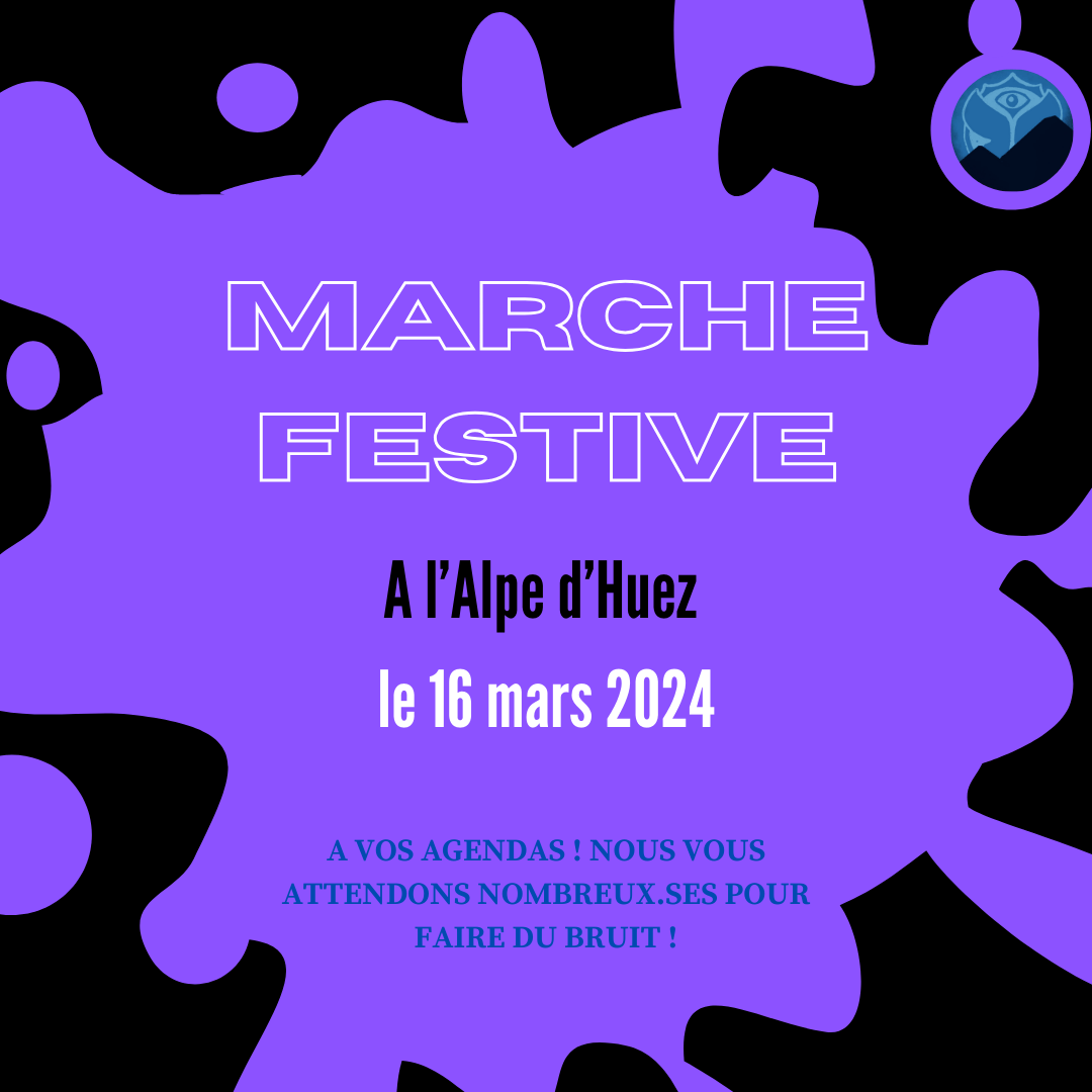 Affiche pour la Marche Festive du 16 mars, forme de tâche violette sur fond noir