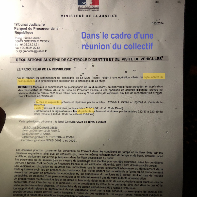 Réquisition pour contrôle d'identité et fouille de véhicules lors d'une réunion du collectif